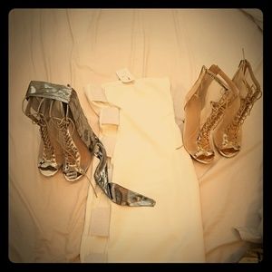 silver and golden knee tip toe boots