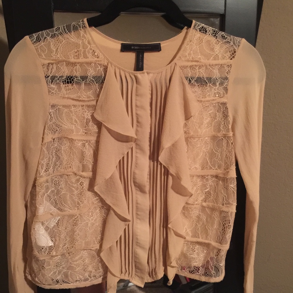 BCBG Cait Stripped Lace Blouse