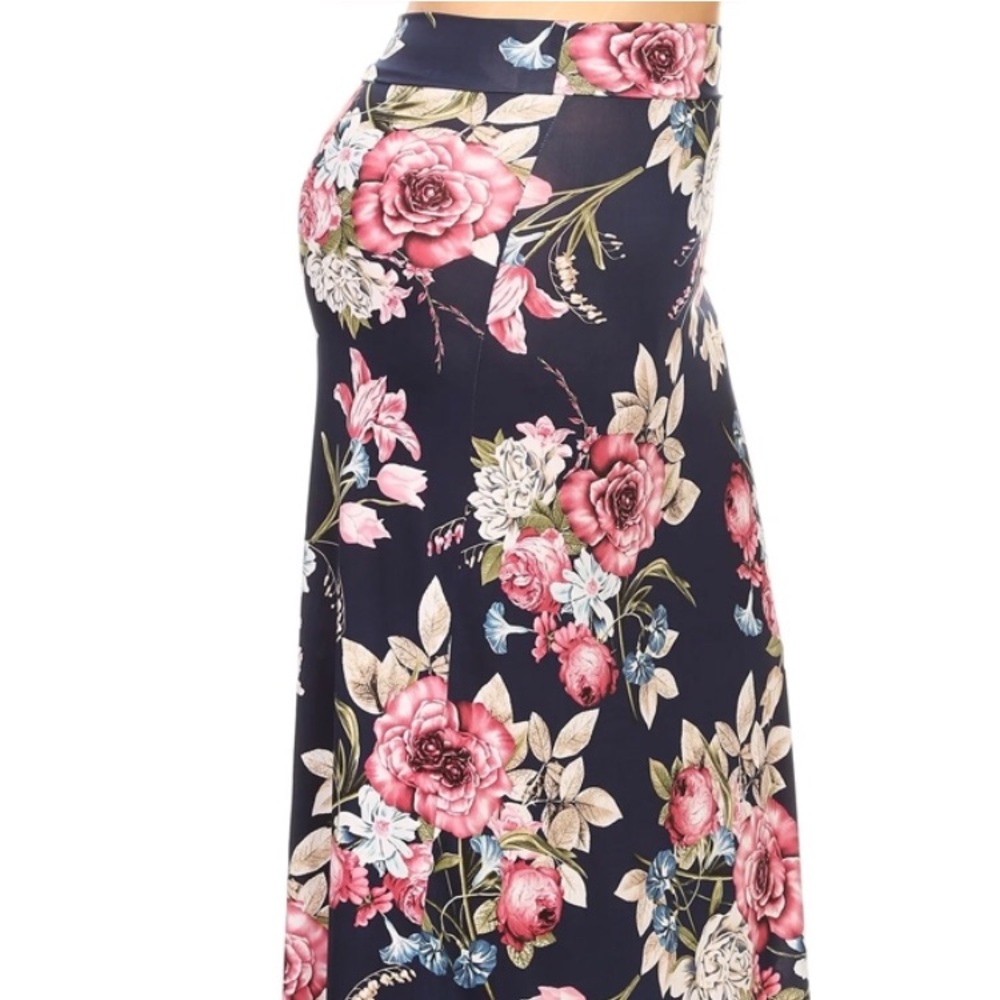 Plus Maxi Floral Skirt Navy Blue Pink 1X 2X 3X