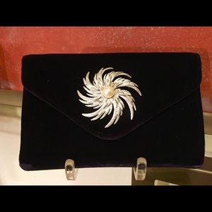 60s Blue Velvet Clutch Evening Bag W Vintage Pin