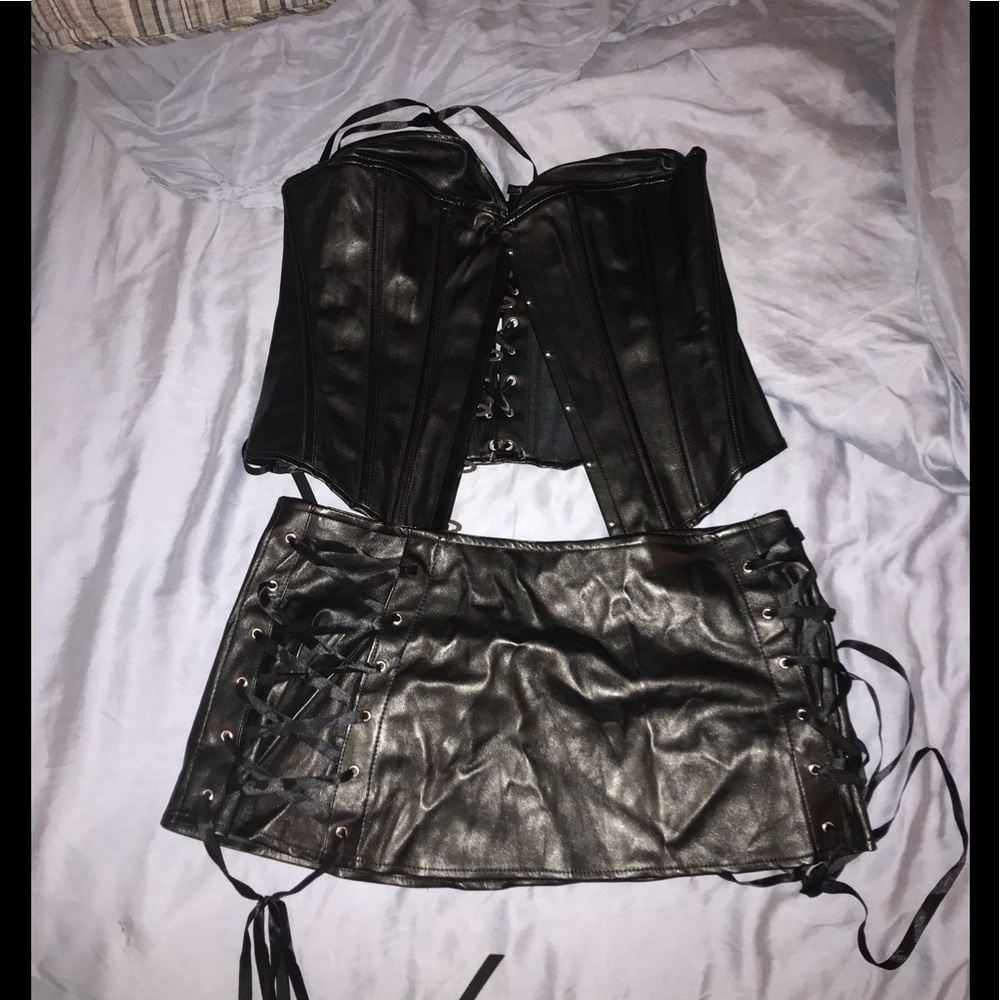 Leather corset and mini skirt