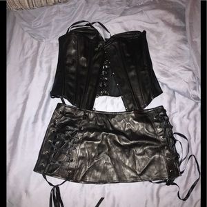 Leather corset and mini skirt