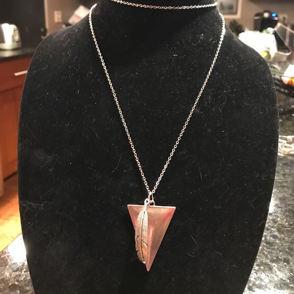 Large triangle with feather pendant w/chain choice