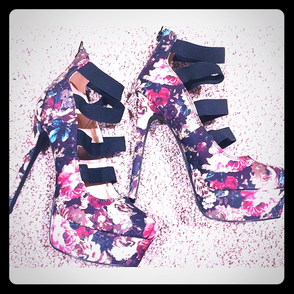 Qupid Platform Satin Floral Stiletto Heels 7.5