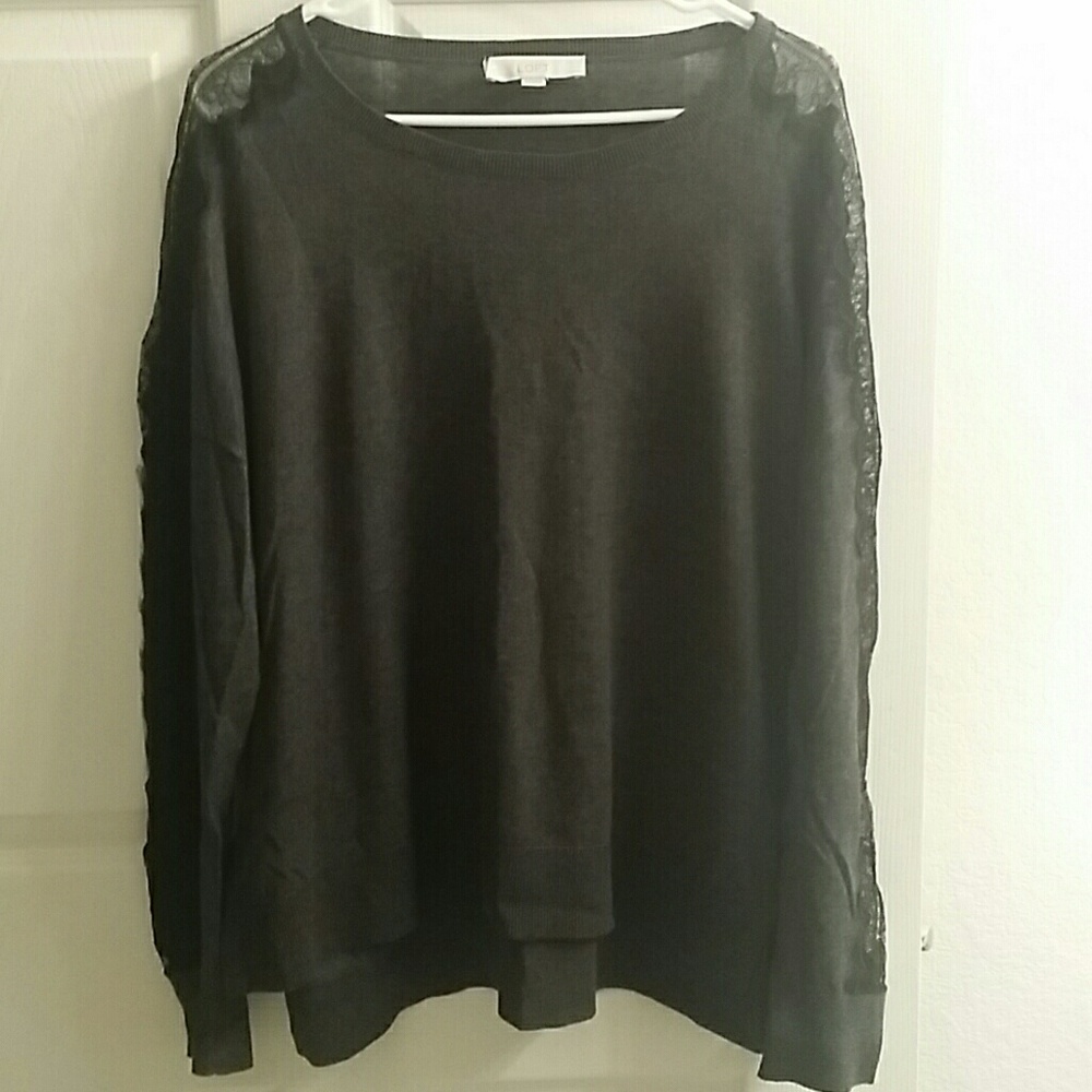 LOFT Charcoal Gray Lace Sleeve Sweater Sz XL