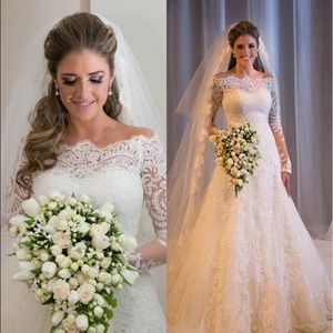 White wedding dress sleeves tulle lace skirt veil