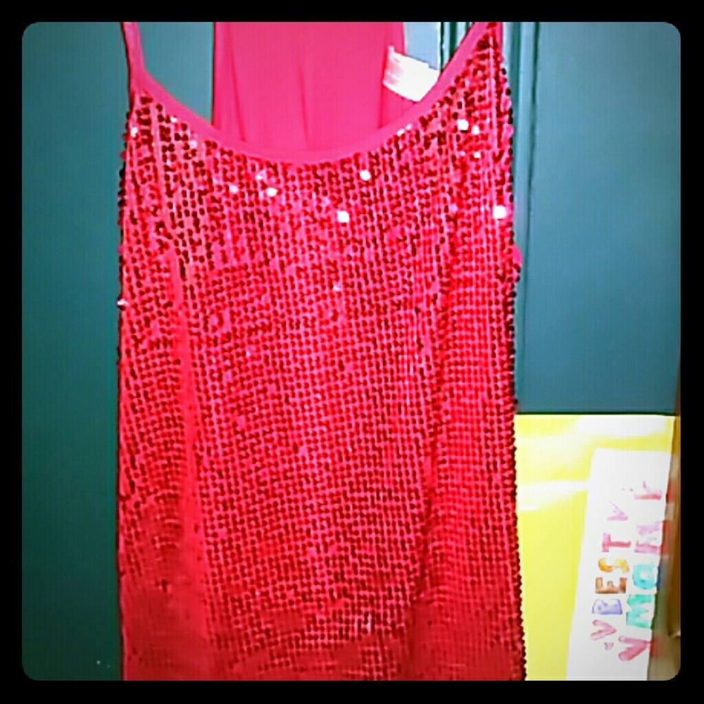 Red sequined sheer front tank