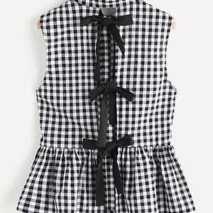 Split Bow Back Button Up Gingham Peplum Blouse