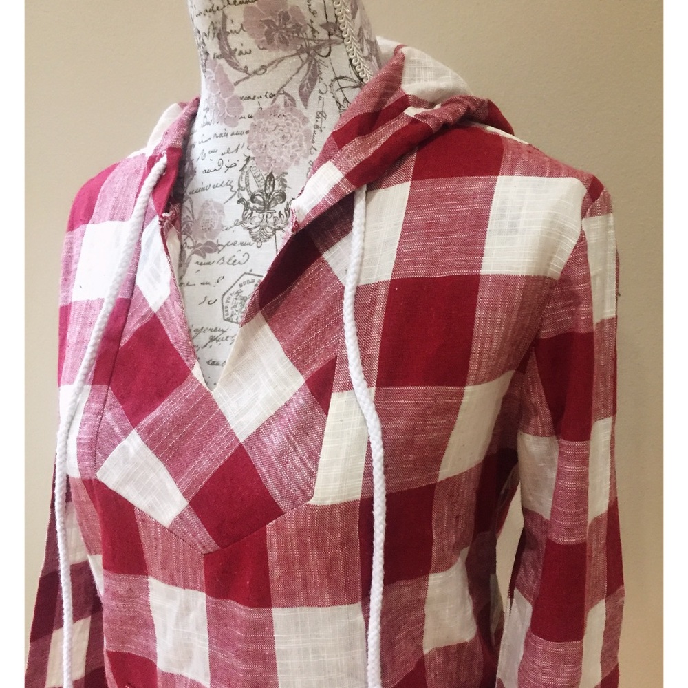 New Red Checkered Hemp Boho Hooded Pullover Top