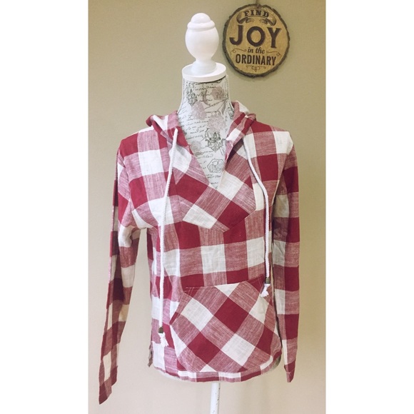 New Red Checkered Hemp Boho Hooded Pullover Top - Picture 2 of 4