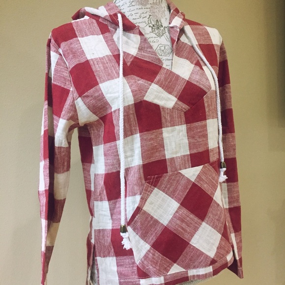 New Red Checkered Hemp Boho Hooded Pullover Top - Picture 3 of 4