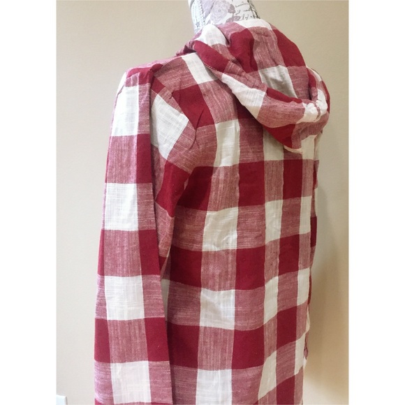New Red Checkered Hemp Boho Hooded Pullover Top - Picture 4 of 4