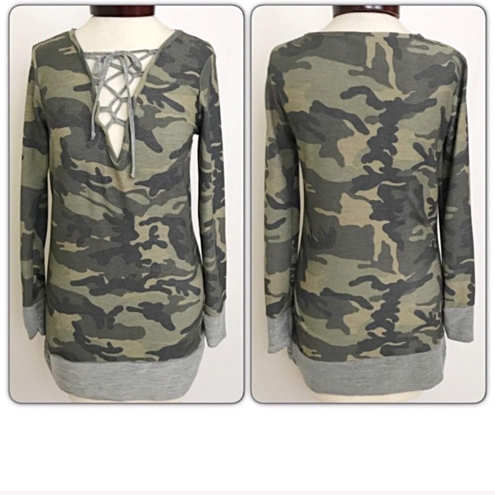 💥HOTSALE💥Fitted Camo Lace Up Tunic Top sold - Picture 3 of 5