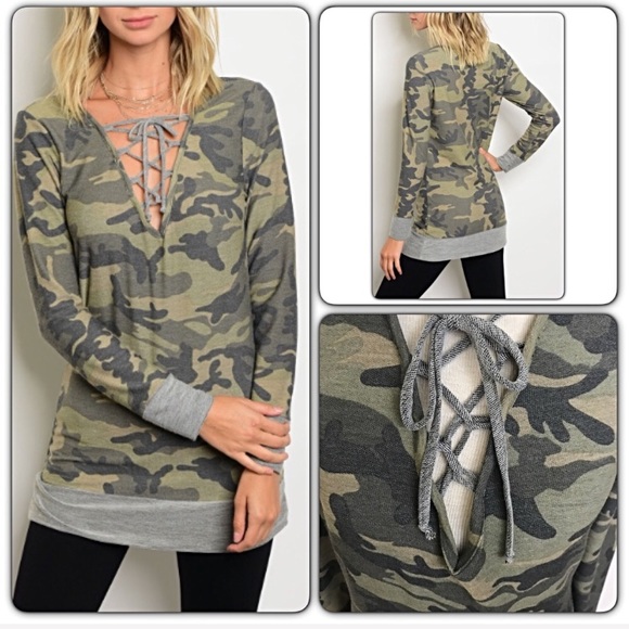 💥HOTSALE💥Fitted Camo Lace Up Tunic Top sold - Picture 2 of 5