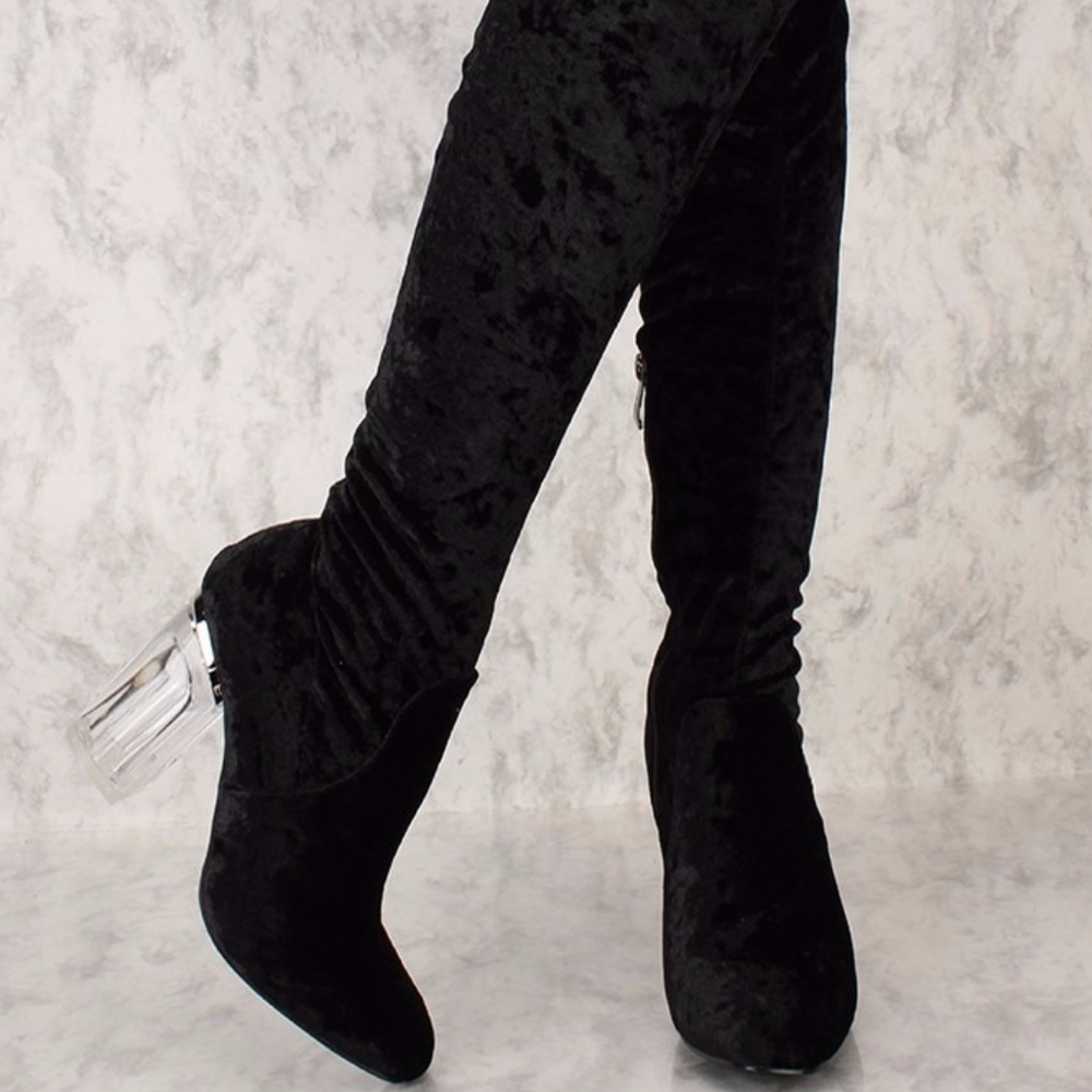 Thigh High Clear Chunky Heel Boots
