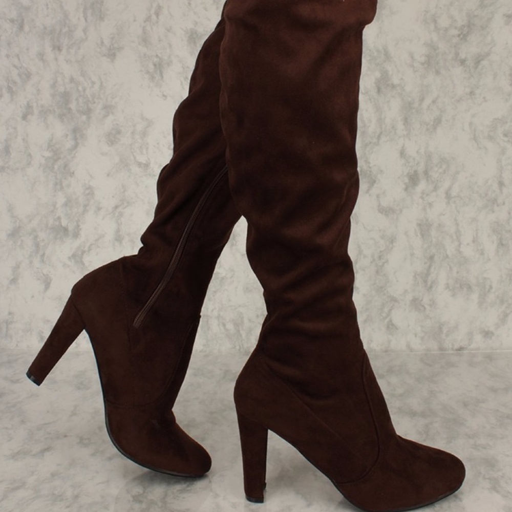 Brown Over The Knee Chunky Heels