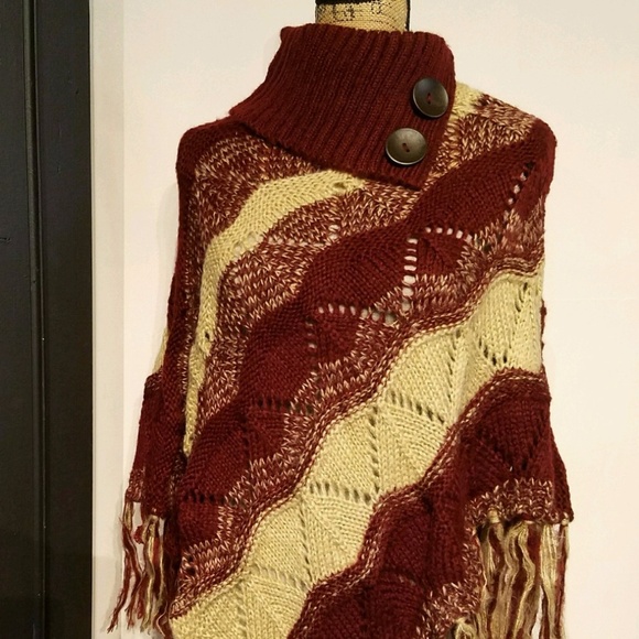 Wine and tan knit poncho - Picture 2 of 2