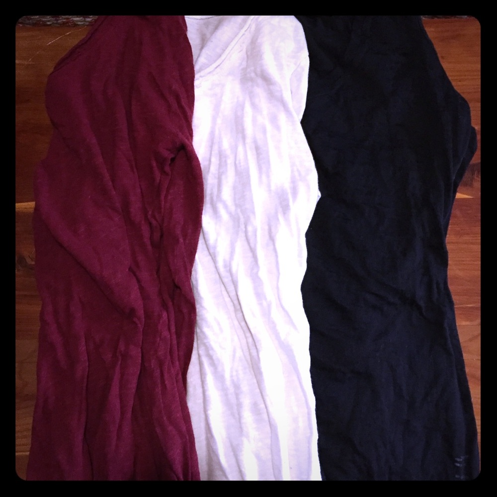 3 long-sleeved tees-burgundy, black & cream