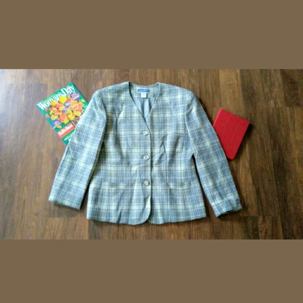 Pendelton Grey White Madras Plaid Wool Blazer