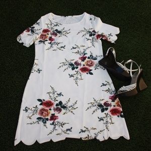 Scallop Trim Botanical Print Tunic Dress New