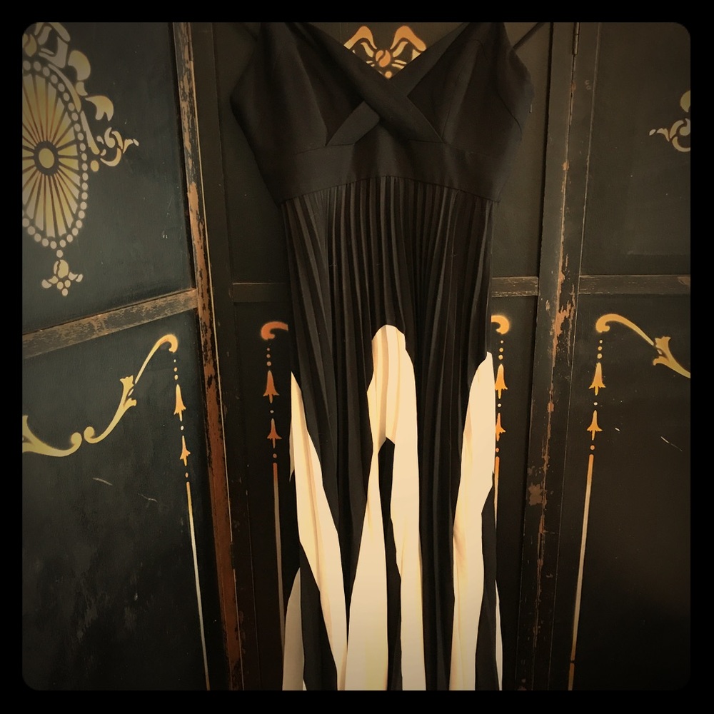 Black and white maxi with an accordion skirt.