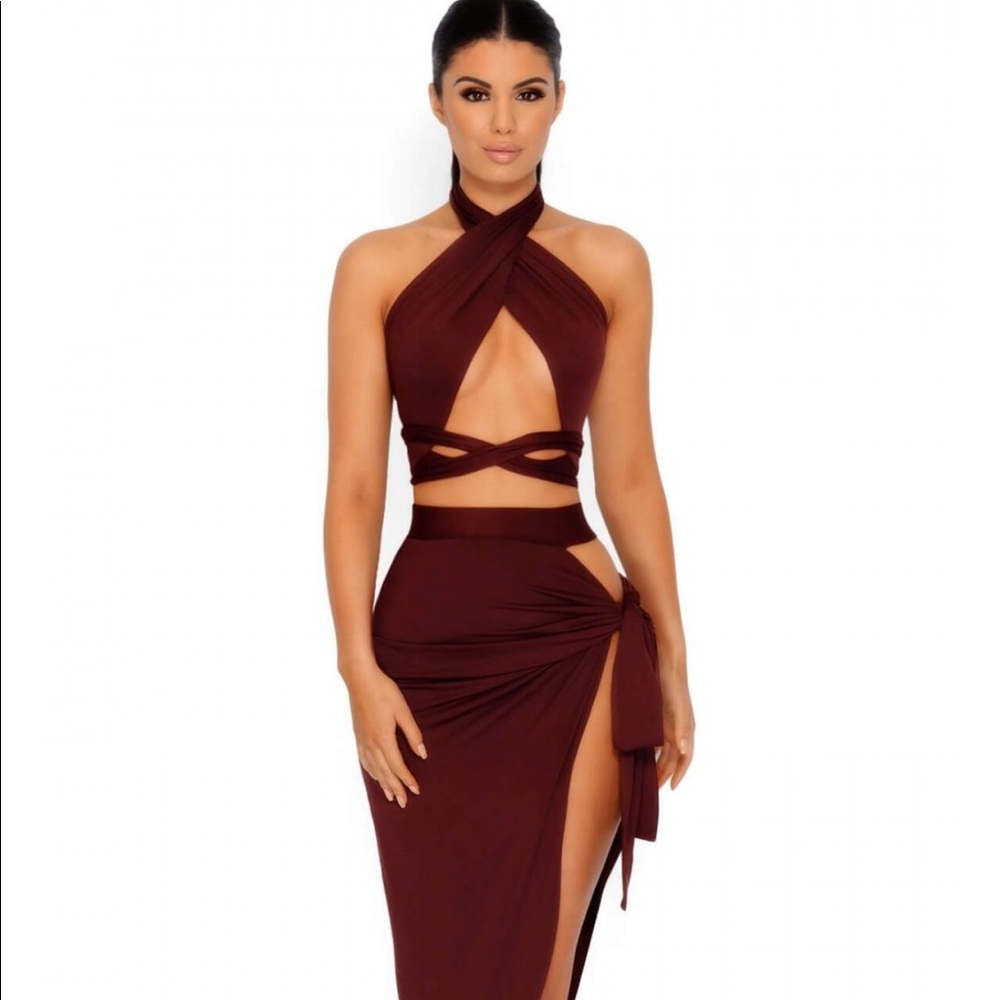 Burgundy 2 Piece Crop Top & Skirt