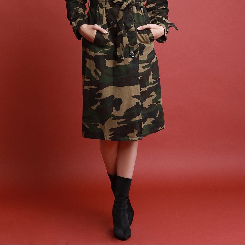 Camouflage Waist Sash Trench Coat