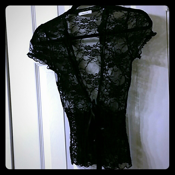 TeenBell Tops - Black lace blouse v neckline ribbon tie front.