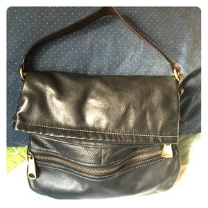 Fossil black leather fold over shoulder hobo bag