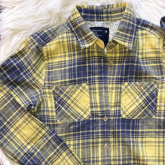 American Eagle Outfitters Tops - AEO Yellow Blue Plaid Flannel Button Down Shirt