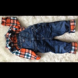 Flannel plaid button up onesie and overall set
