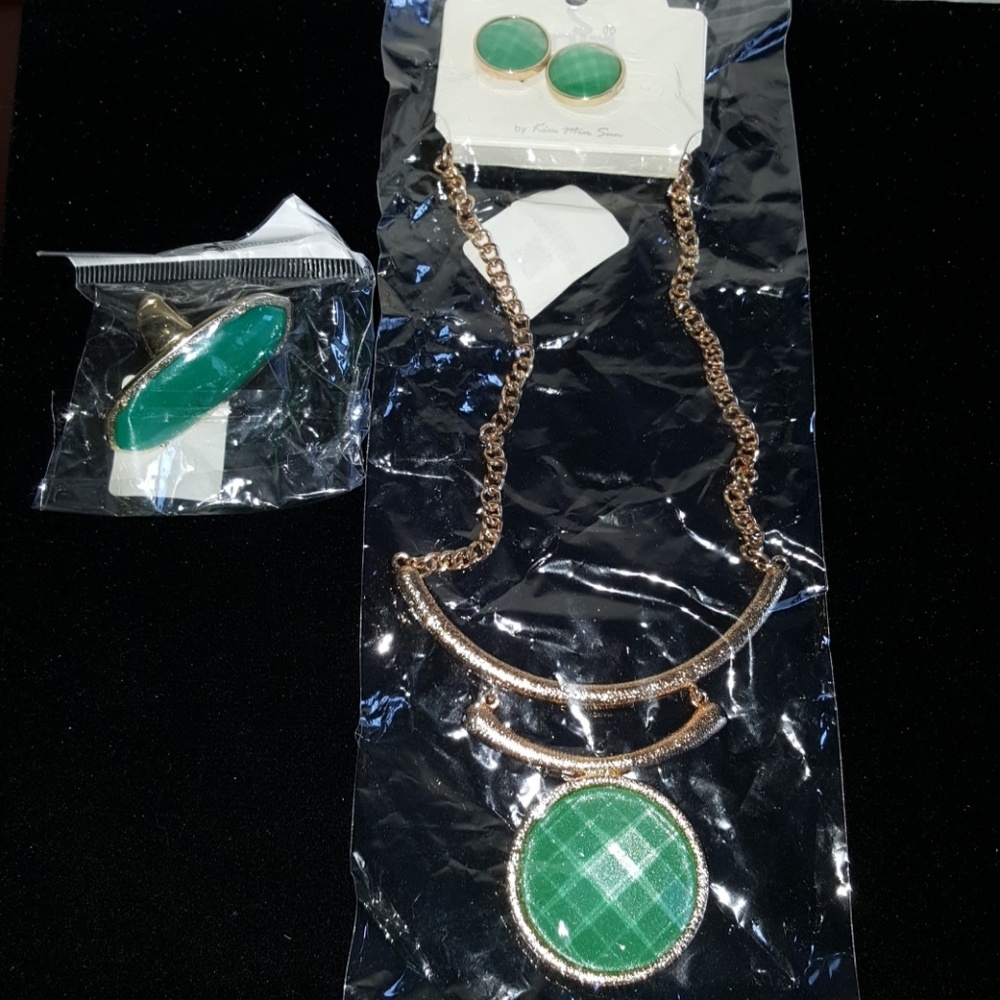 Emerald green necklace, earring and ring set