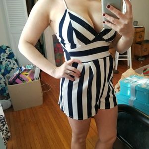 Navy blue & White striped romper