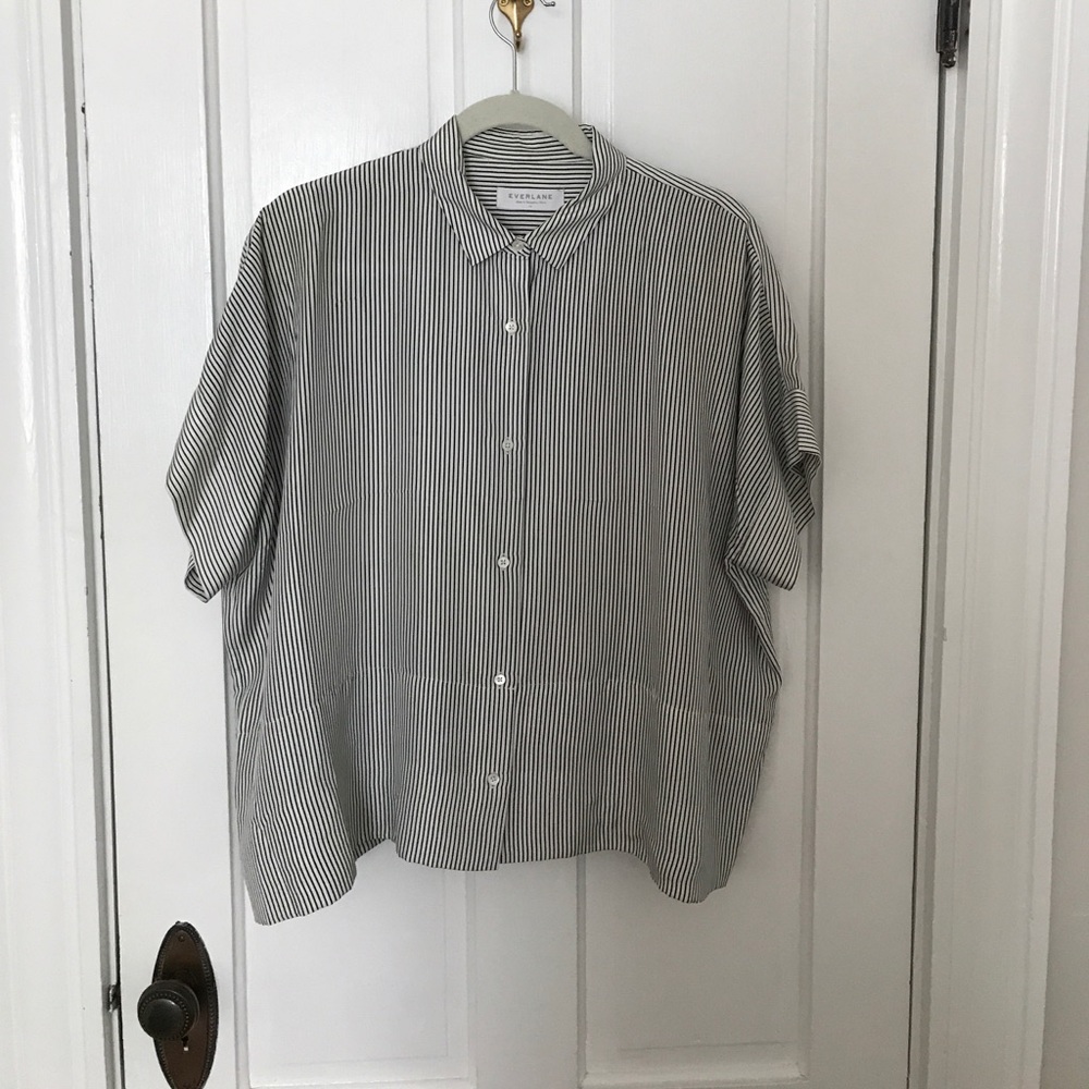 Everlane Silk Square Shirt, Wht/Blk Stripe, Sz 12