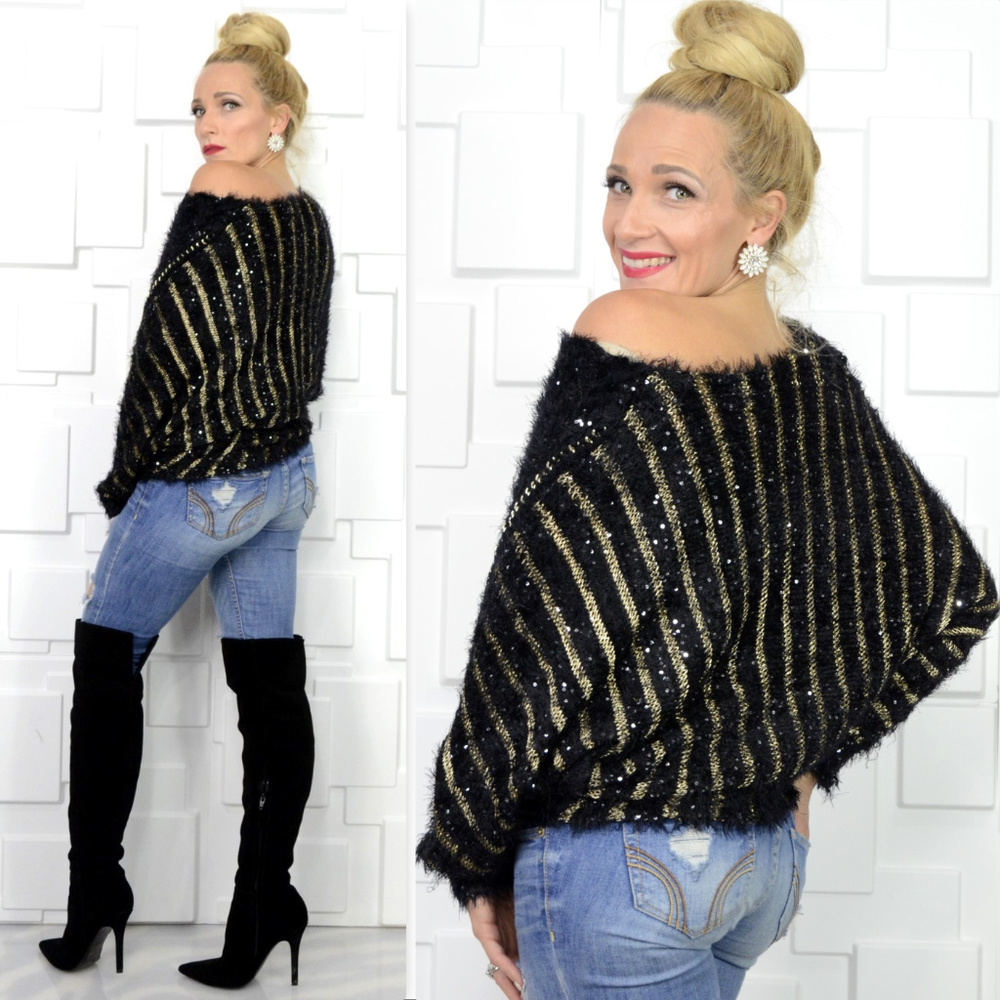 🔴LAST 1🔴 FUZZY KNIT BLACK & GOLD SWEATER - Picture 2 of 4