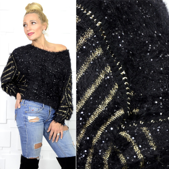 🔴LAST 1🔴 FUZZY KNIT BLACK & GOLD SWEATER - Picture 3 of 4
