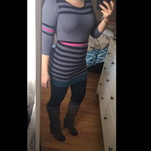 Grey and black striped sweater dress pink green