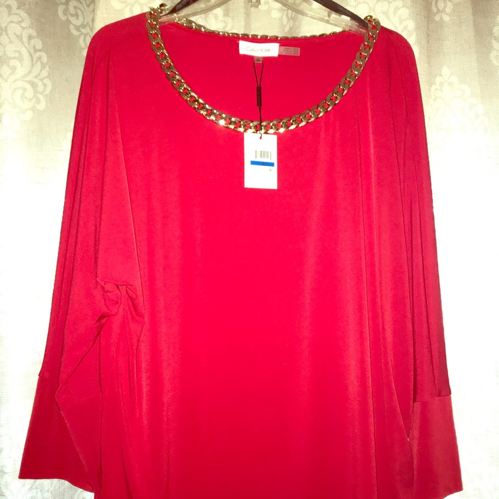 Calvin Klein red blouse with gold chain neck