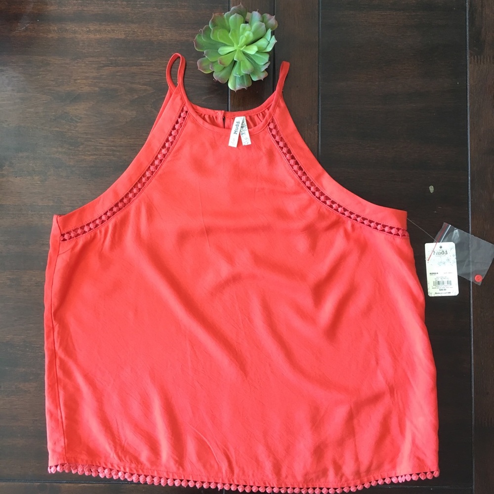Coral lace embellished top