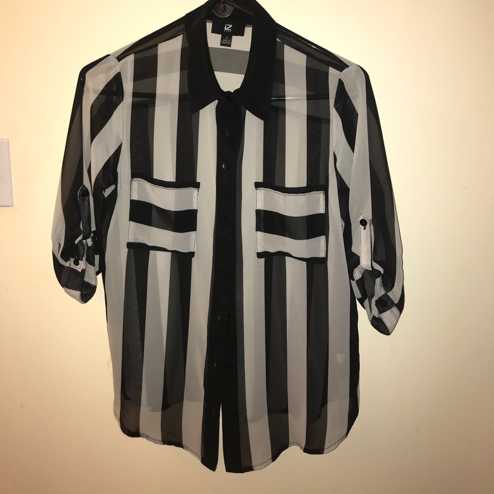  Black and white striped sheer blouse