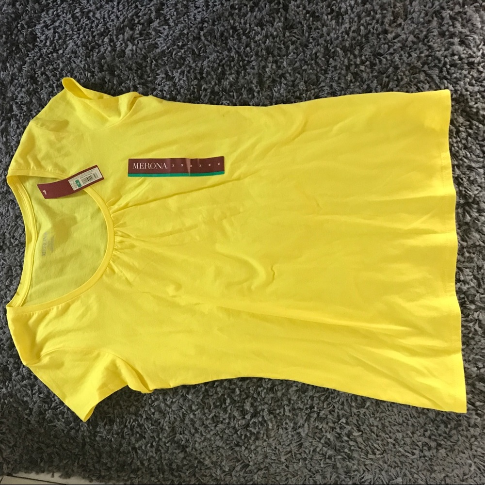 Bright yellow pucker front T shirt. New with tags!