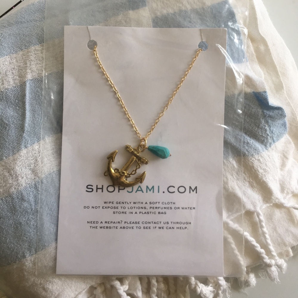 Gold & turquoise anchor necklace- fashion jewelry.