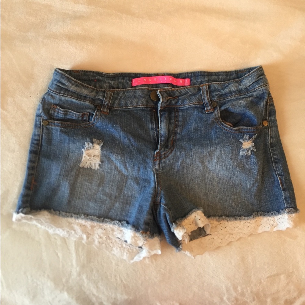 Denim Shorts with White Lace Fringe