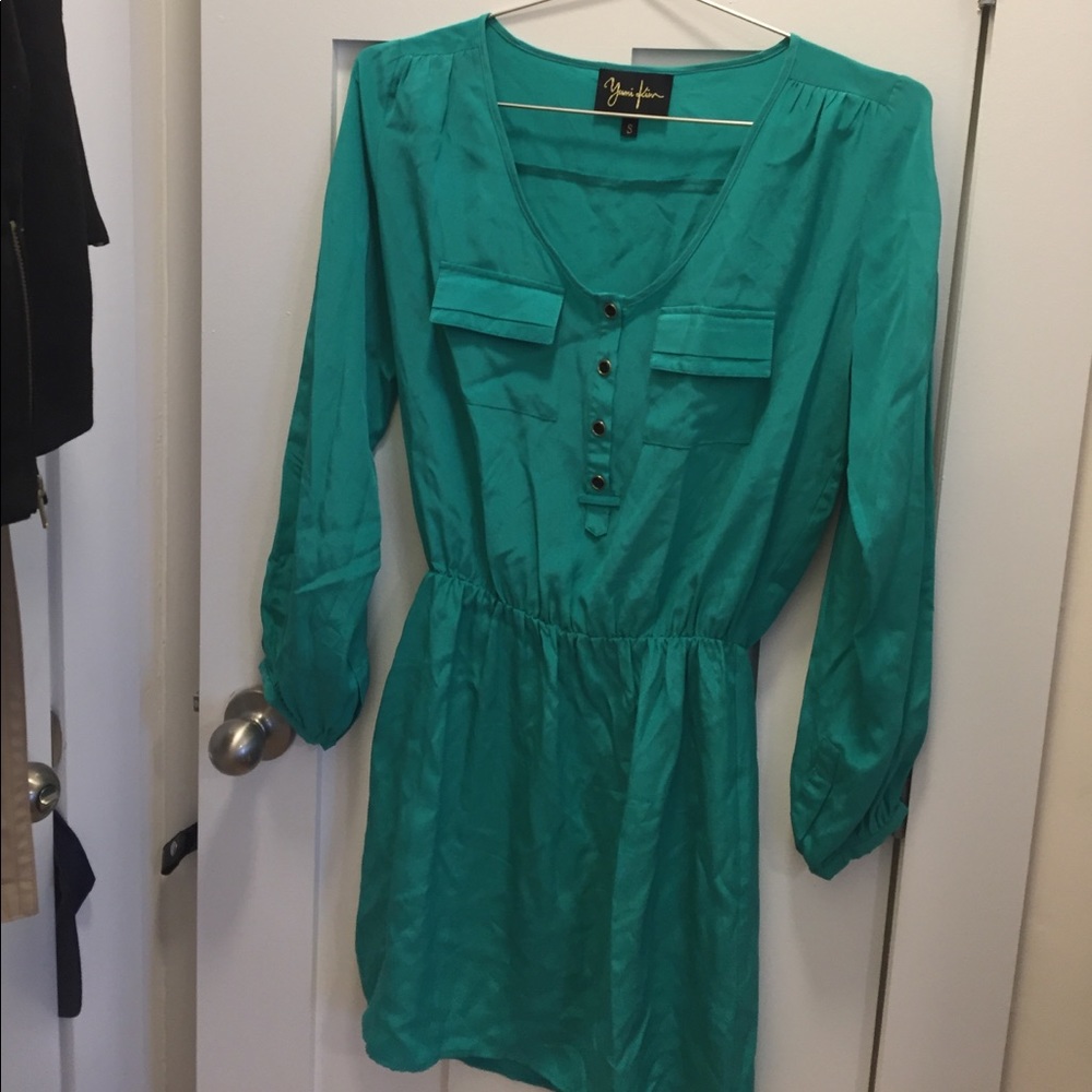 Yumi Kim green long sleeve silk dress, size S