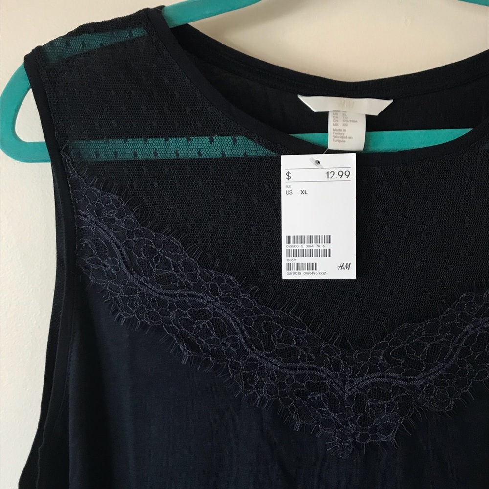 Navy Blue Sleeveless Top with Lace Yoke