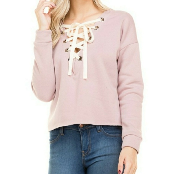Pink Front Lace Up Crop Longsleeve Sweater - Picture 3 of 8
