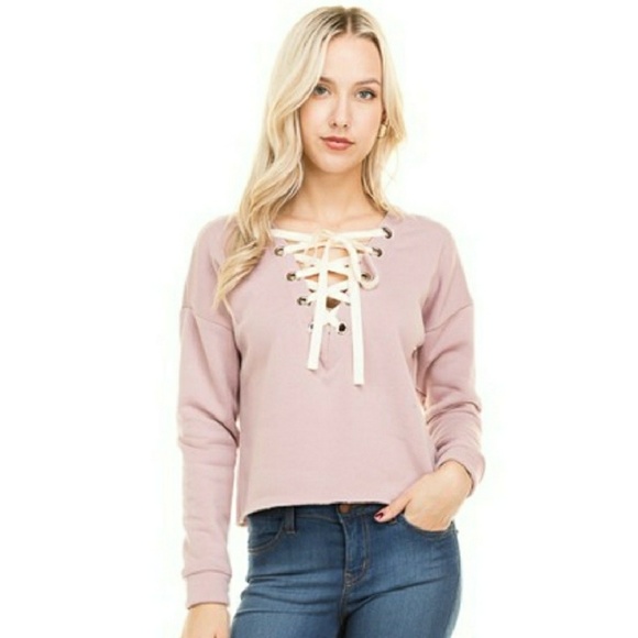 Pink Front Lace Up Crop Longsleeve Sweater - Picture 2 of 8