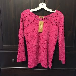 NWT Peck & Peck Weekend Fuchsia Pink Lacey Top, M