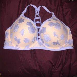 Blue and cream lace bra.