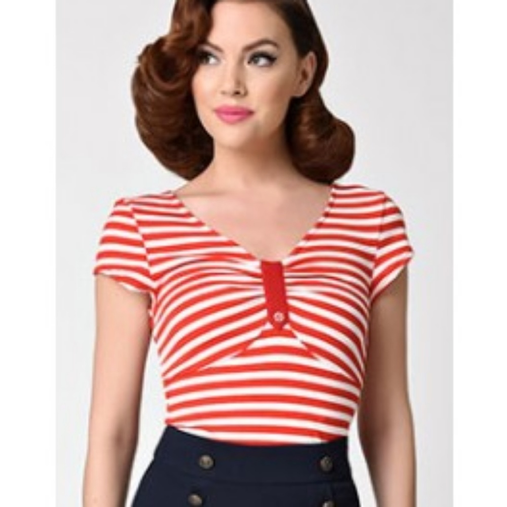 Unique Vintage Red Striped Sailor Retro Top Tee